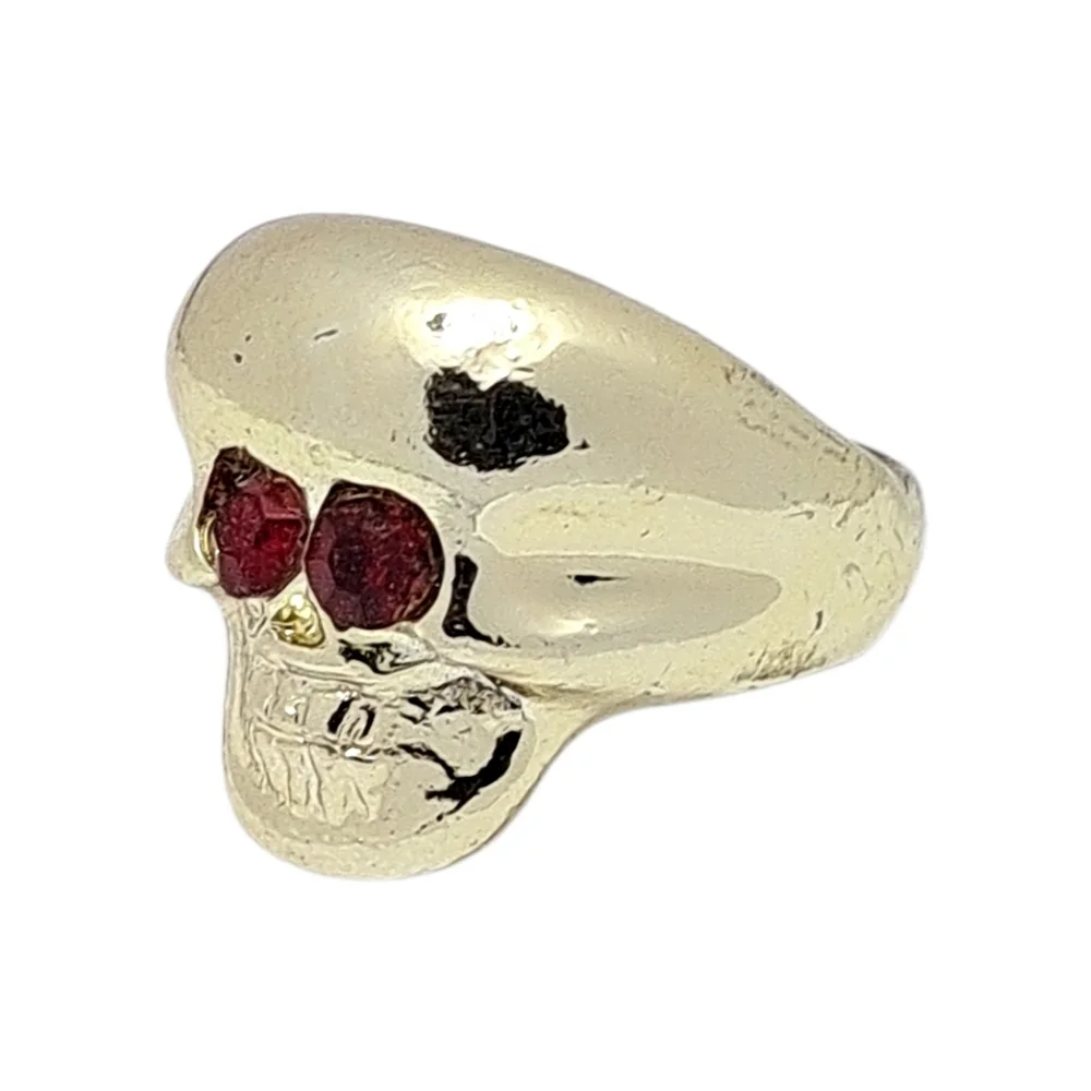 Gold Tone Skull Ring with Red Eyes Gothic Statement Ring | Size 9